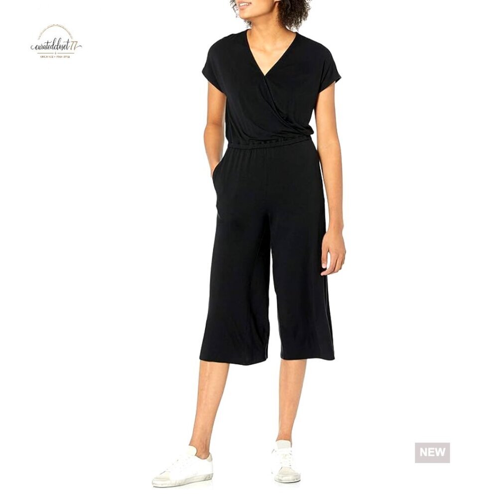 Large Rayon Stretch Jumpsuit V-Neck Cropped Wide Leg Elastic Waist